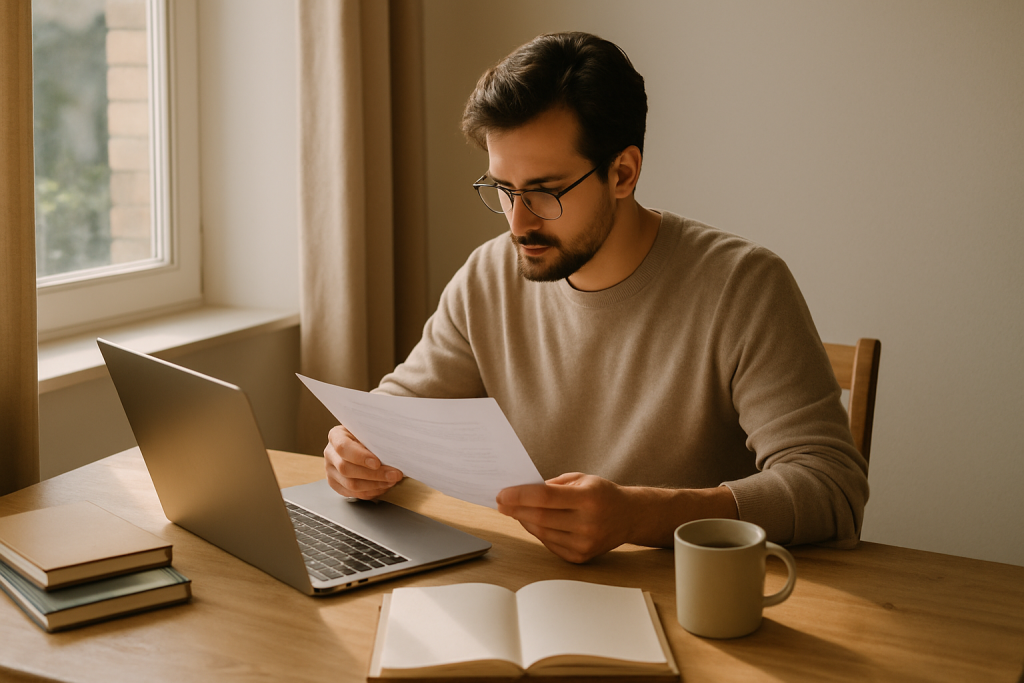 A freelance creator sitting at a wooden desk reviewing documents and a laptop, surrounded by notebooks and a coffee cup, warm natural light from a nearby window
