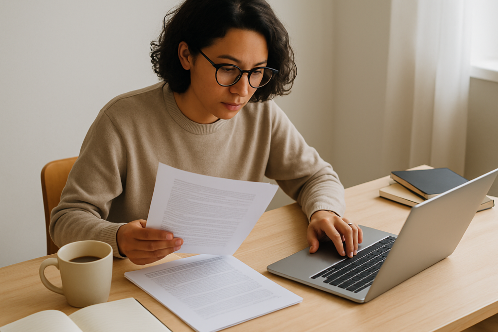 A freelance creator sitting at a well-lit desk reviewing documents and a laptop, surrounded by notebooks and a coffee cup, photographed from slightly above