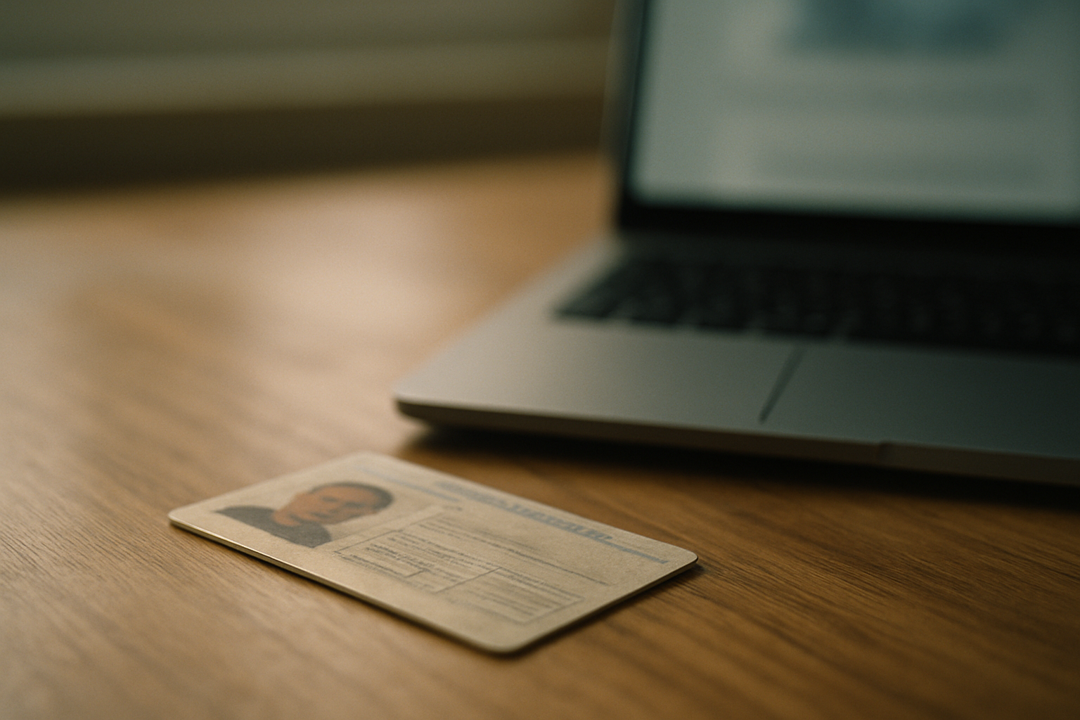 a close-up of a physical driver's license face-down on a wooden desk next to a laptop with a blurred screen