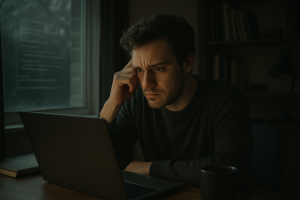 a person sitting at a laptop in a dimly lit home office, looking concerned at the screen, with a faint reflection of code visible on the window behind them