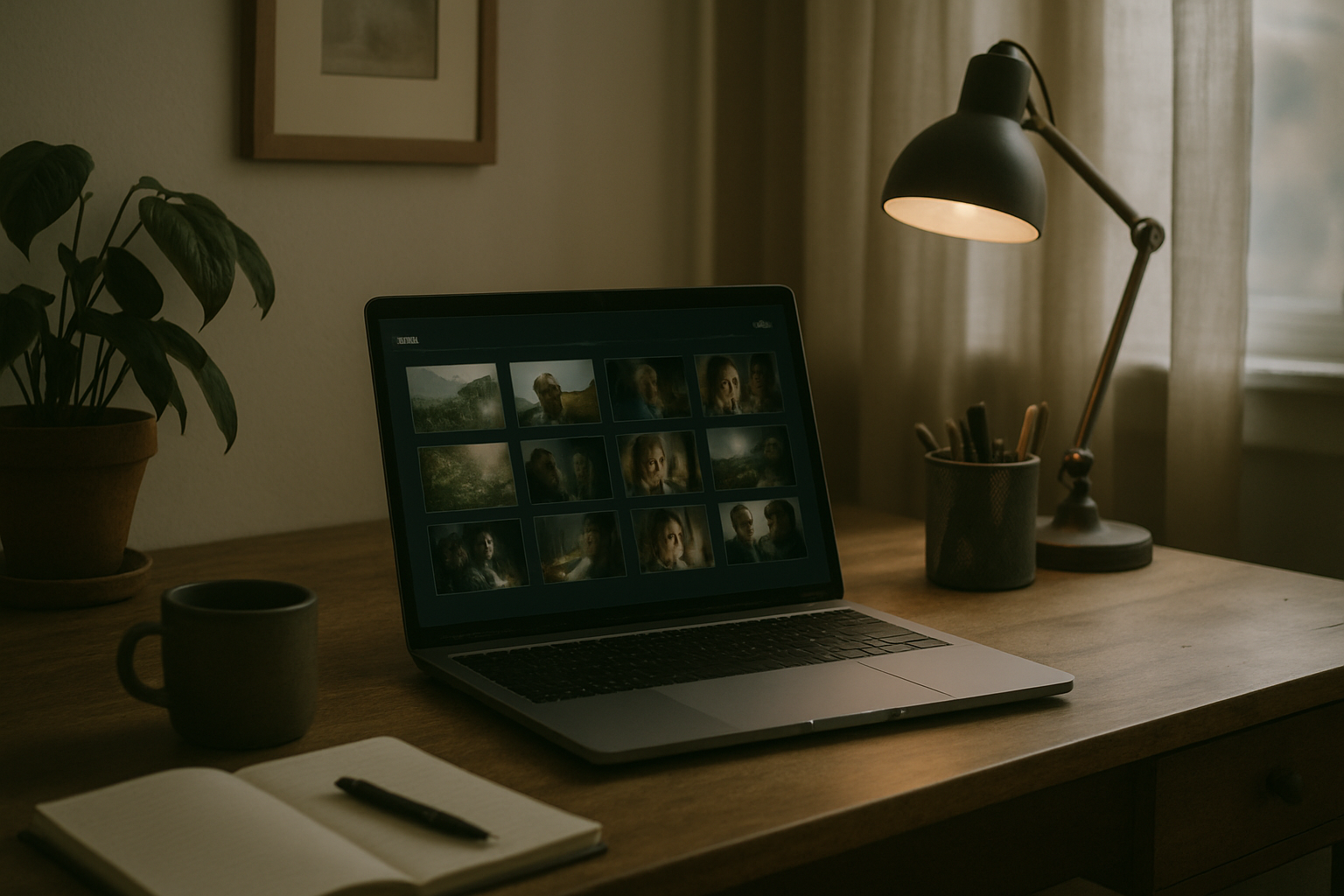 A home office desk with a laptop showing a media library interface, soft ambient lighting, no people visible