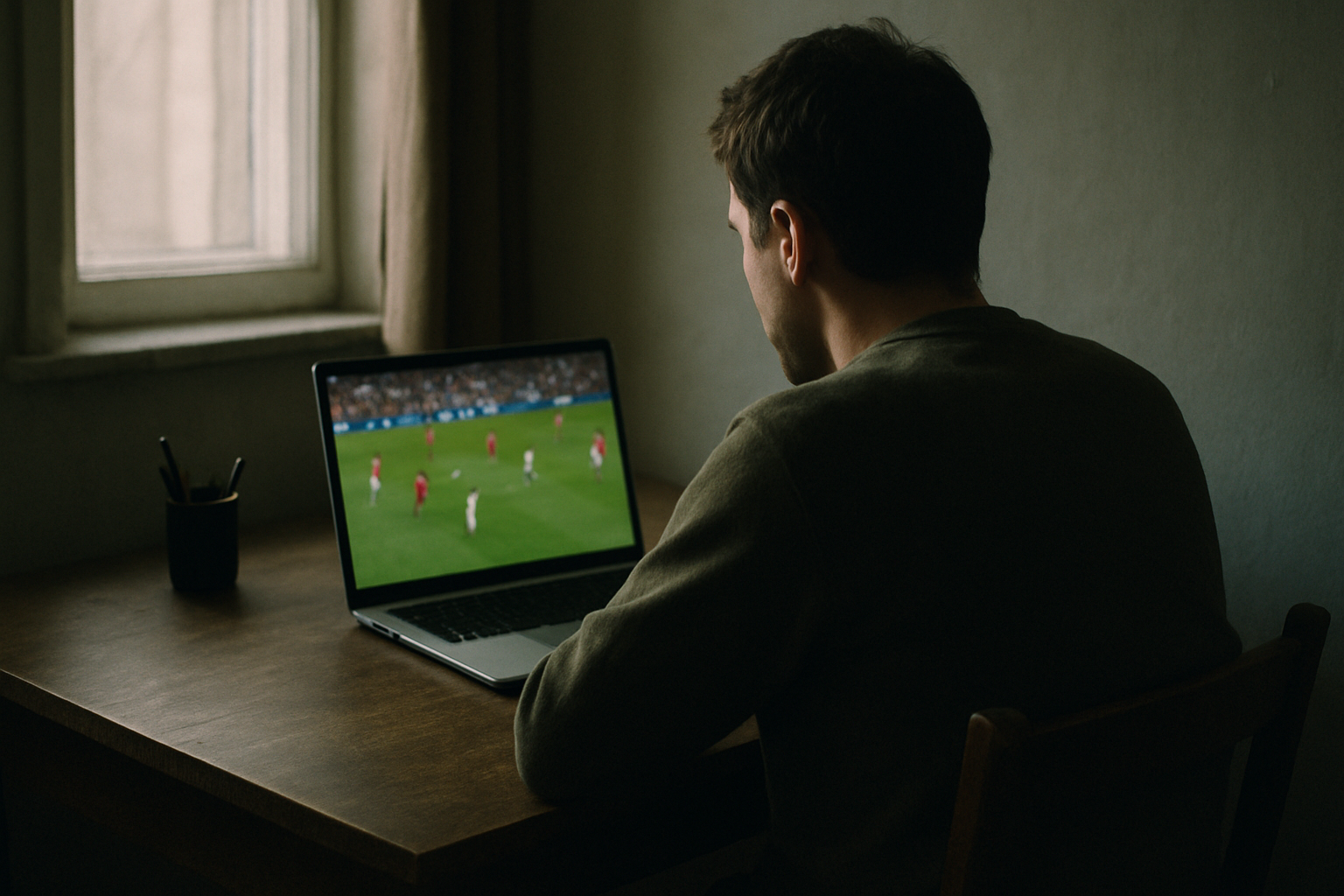 a person sitting alone at a desk watching a live sports stream on a laptop in a dimly lit room
