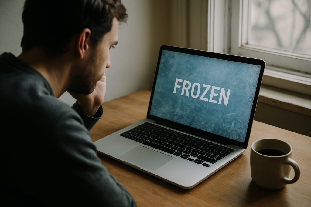 A person staring at a frozen laptop screen on a wooden desk, coffee cup nearby, natural window light