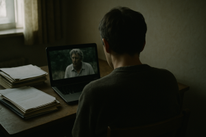 a person sitting at a desk in a dimly lit room watching a laptop screen, shot from behind, with stacks of papers and notebooks visible beside them