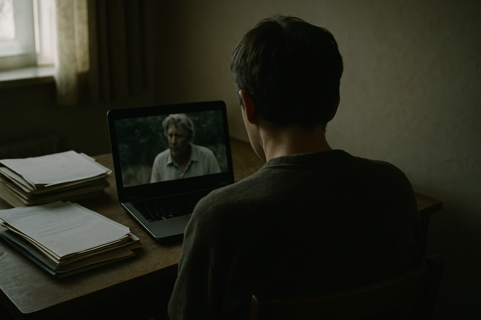 a person sitting at a desk in a dimly lit room watching a laptop screen, shot from behind, with stacks of papers and notebooks visible beside them
