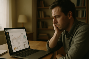 a person sitting at a desk looking at a laptop screen showing an online store dashboard, with a concerned expression, warm indoor lighting