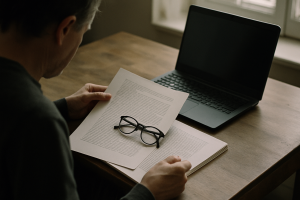 A person sitting at a wooden desk examining a printed manuscript next to an open laptop, with reading glasses resting on the pages