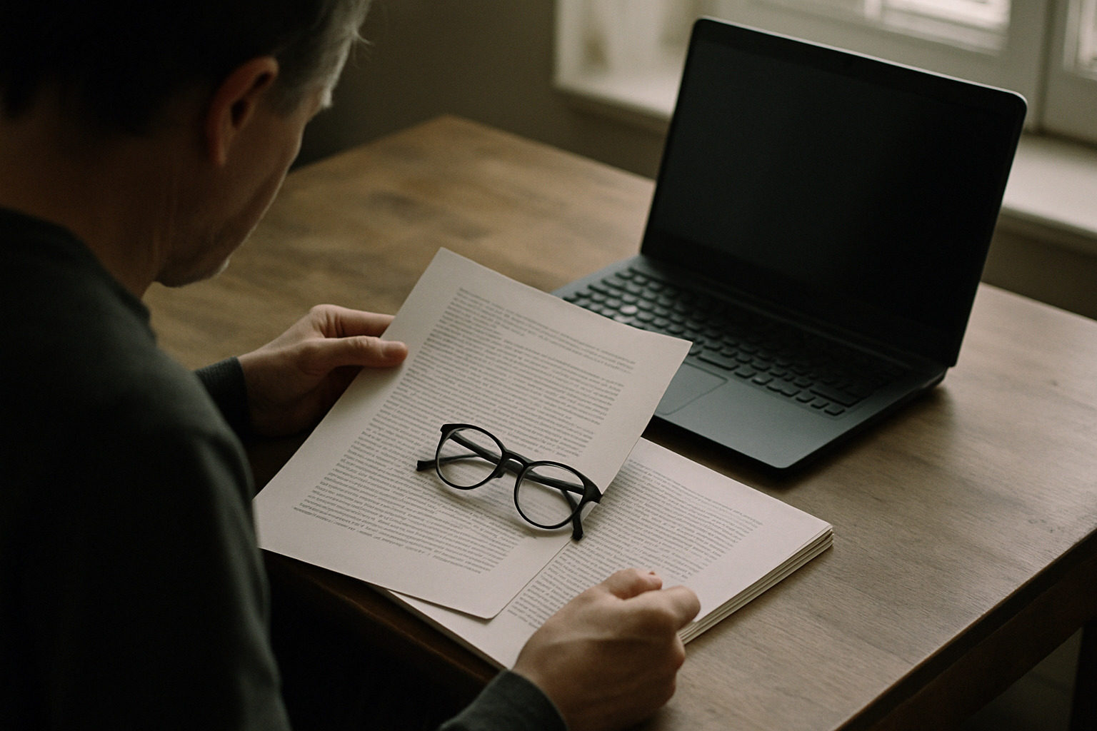A person sitting at a wooden desk examining a printed manuscript next to an open laptop, with reading glasses resting on the pages