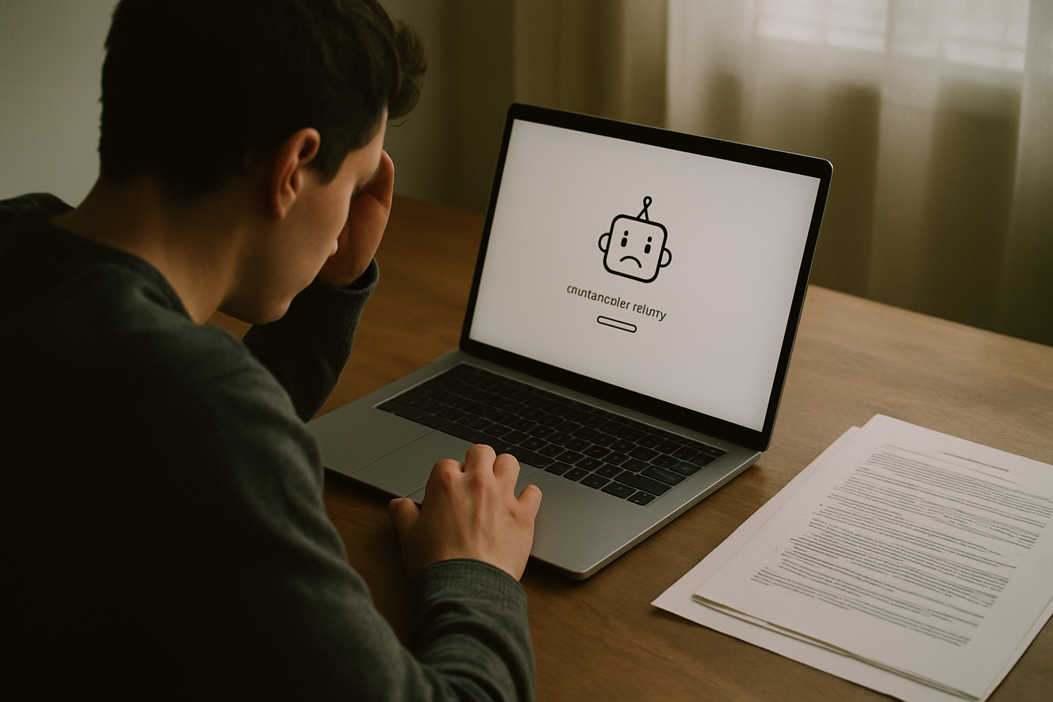 a person sitting at a desk looking at a laptop screen showing a connection error page, with legal documents visible beside the keyboard