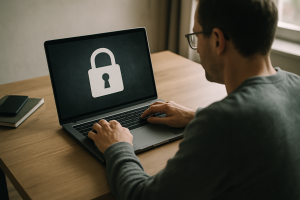 a person sitting at a desk looking at a laptop screen showing a lock icon, shot from slightly above, natural office lighting