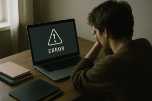 A person sitting at a desk looking at a laptop screen displaying an error message, with notebooks and a drawing tablet nearby