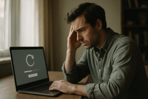 a person sitting at a desk looking at a laptop screen showing a software update notification, with a concerned expression