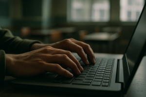 a close-up of a person's hands typing on a laptop keyboard in a dimly lit room with a blurred school or office background