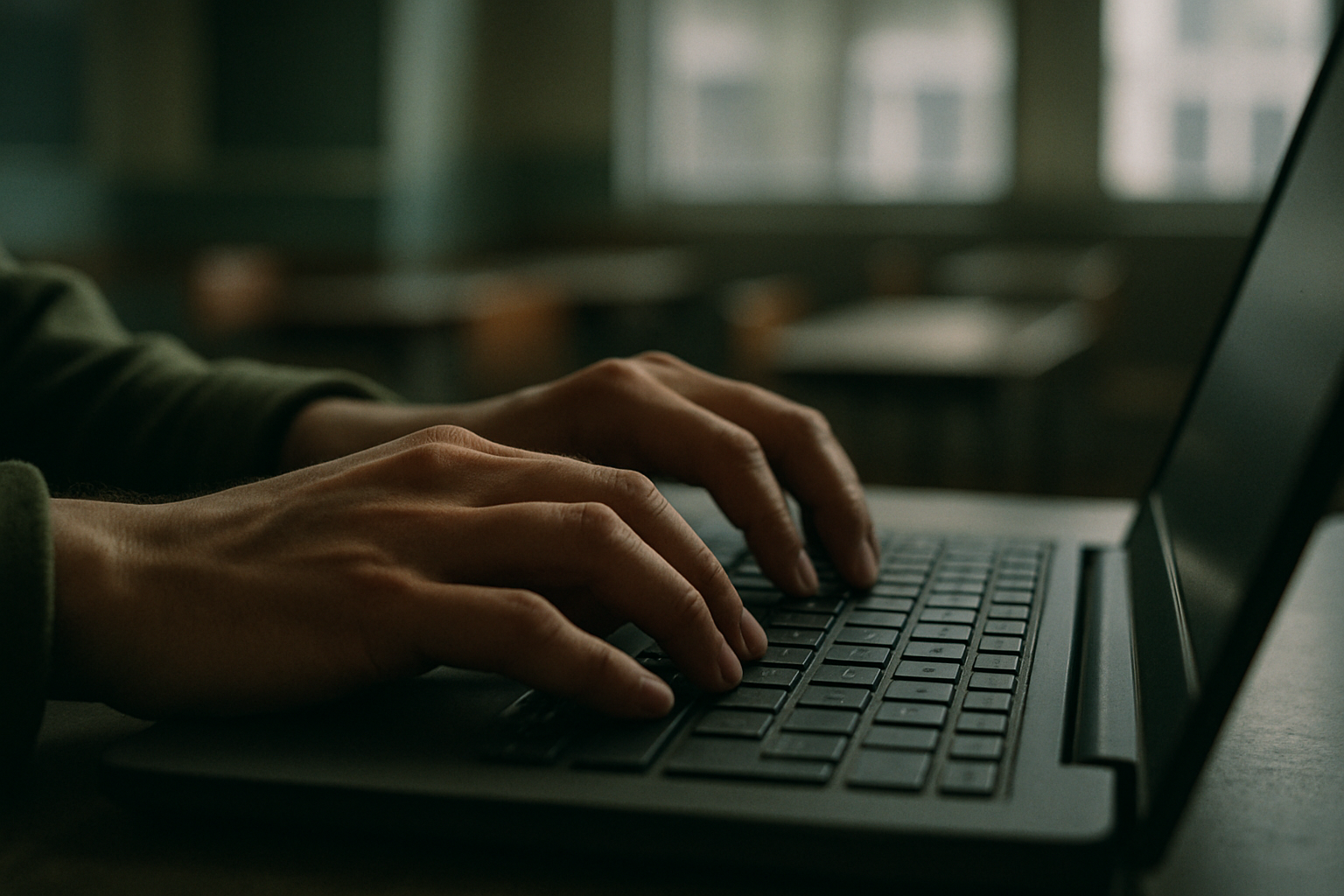 a close-up of a person's hands typing on a laptop keyboard in a dimly lit room with a blurred school or office background