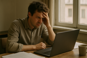 A person sitting at a desk looking at a laptop screen with a frustrated expression, papers and a coffee cup nearby, natural window light