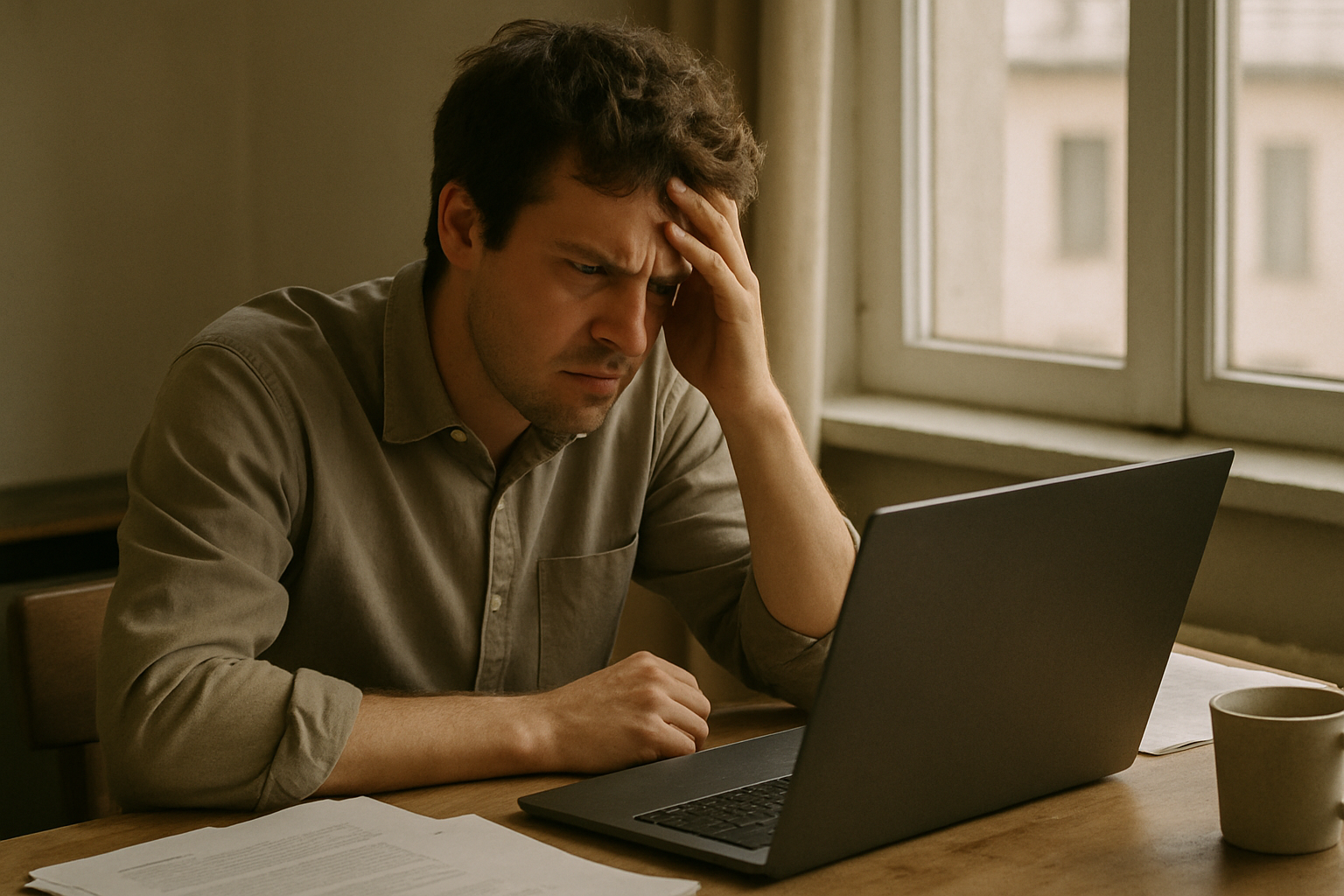 A person sitting at a desk looking at a laptop screen with a frustrated expression, papers and a coffee cup nearby, natural window light