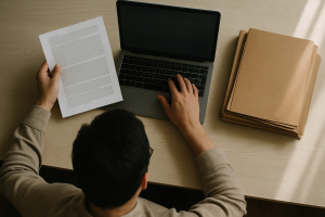 A person sitting at a desk reviewing printed documents and typing on a laptop, with a stack of folders beside them, photographed from above in natural light