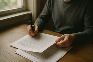 A person sitting at a wooden desk reviewing printed contract pages with a pen in hand, natural window light, no visible screens